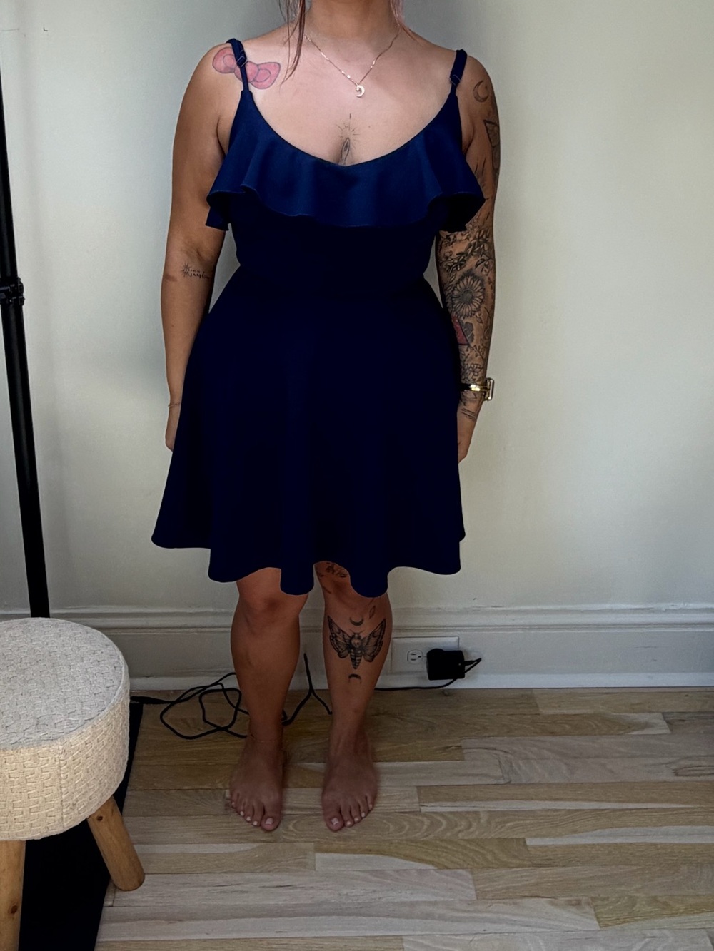 Altar'd State Navy Ruffle-Trim Spaghetti Strap Skater Dress